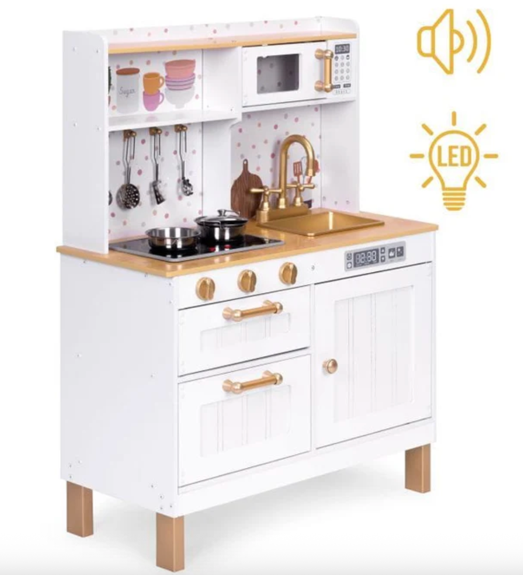 Vaikiška virtuvėlė su garsais ir LED, medinė, didelė, atidaromos spintelės, 7 priedai
