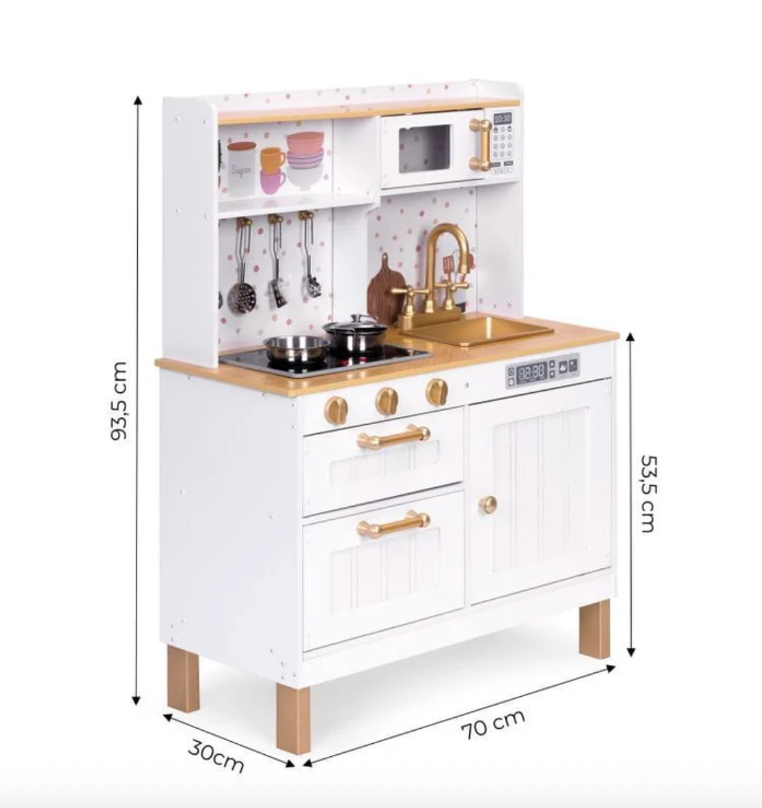 Vaikiška virtuvėlė su garsais ir LED, medinė, didelė, atidaromos spintelės, 7 priedai