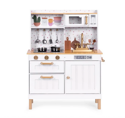 Vaikiška virtuvėlė su garsais ir LED, medinė, didelė, atidaromos spintelės, 7 priedai