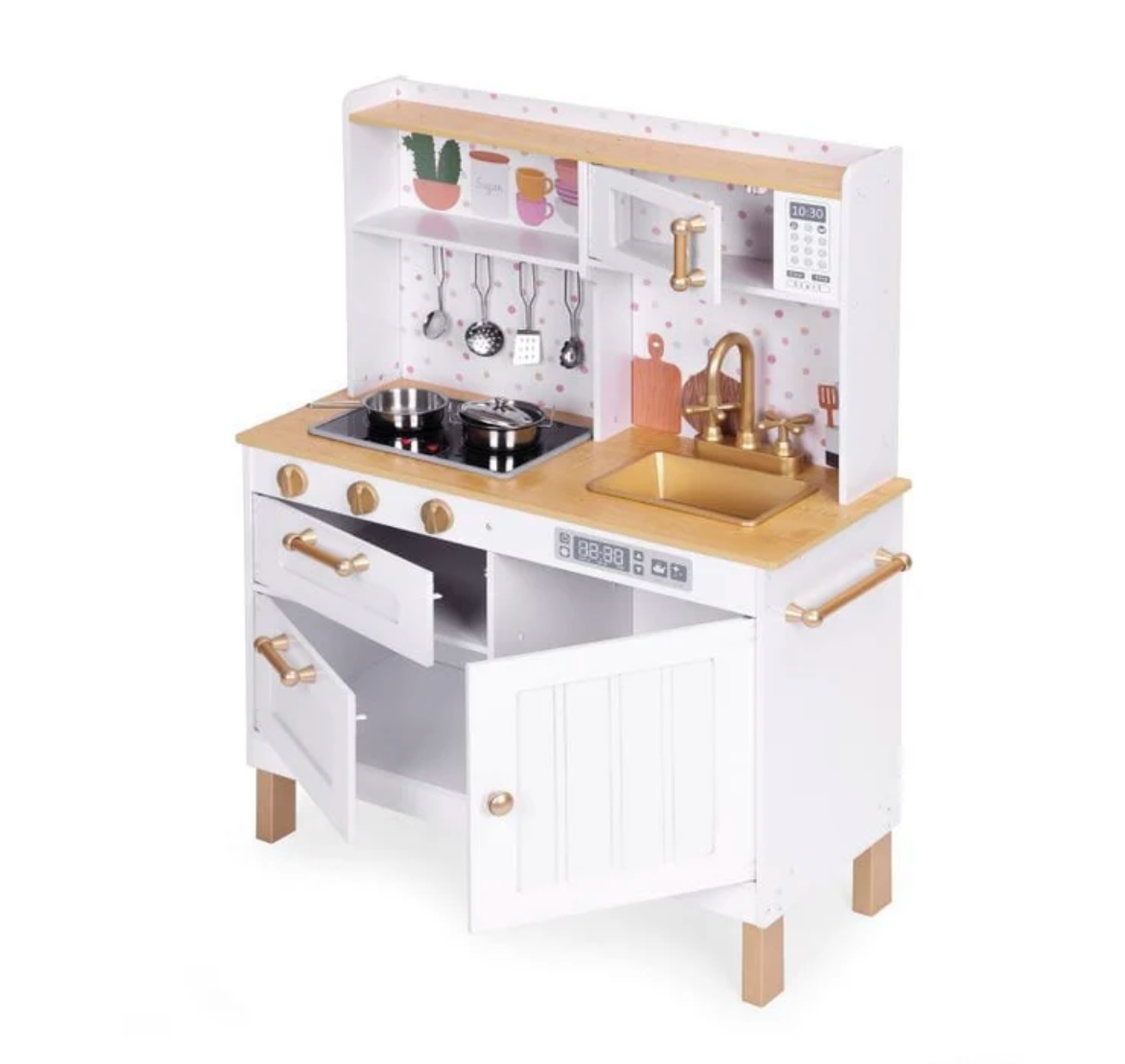 Vaikiška virtuvėlė su garsais ir LED, medinė, didelė, atidaromos spintelės, 7 priedai