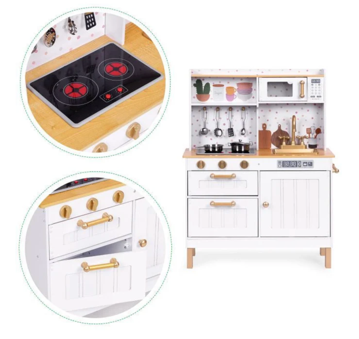 Vaikiška virtuvėlė su garsais ir LED, medinė, didelė, atidaromos spintelės, 7 priedai