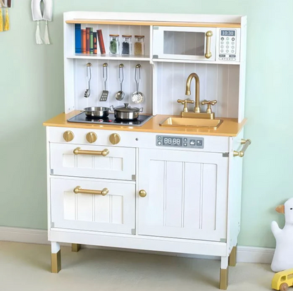 Vaikiška virtuvėlė su garsais ir LED, medinė, didelė, atidaromos spintelės, 7 priedai
