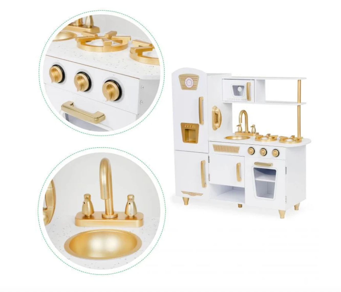 Didelė medinė vaikų virtuvė balta-auksinė